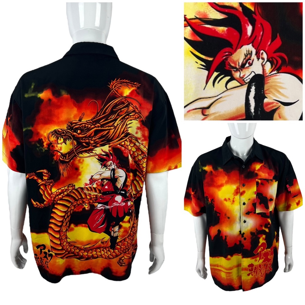 Dtek Sport Mens Large Shirt Anime Graphic Orange Short Sleeve Ninja Dragon EUC